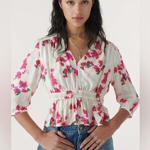 ba&sh Floral V-Neck Crop Ruffle Blouse - Pink and Cream Medium